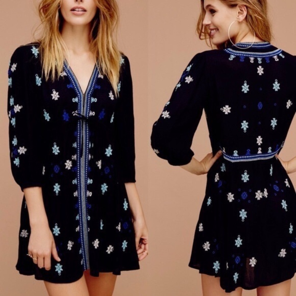 Free People Stargazer Boho Tribal Geometric Embroidered Gauze Black Dress XS